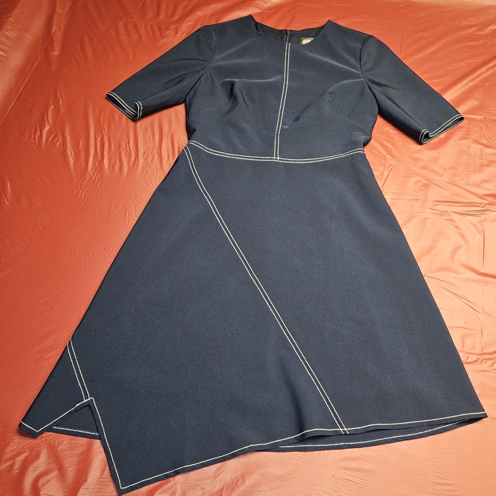 Vince Camuto Asymmetrical Dress sz6 Navy Top Stitched Half Sleeve E.U.C. Lk New